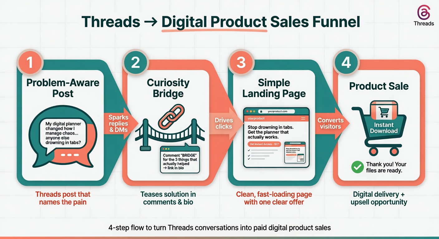 Four-step Threads to digital product funnel diagram showing post, bridge, landing page, and sale