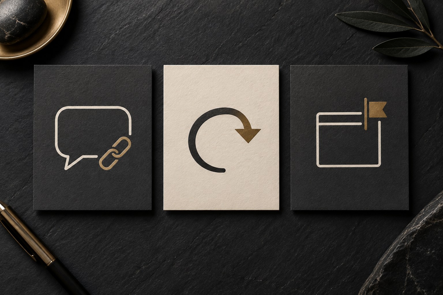 Three tactile paper cards in a row on a dark desk: a folded post note, a blank redirect tag, and a destination booklet, no readable letters