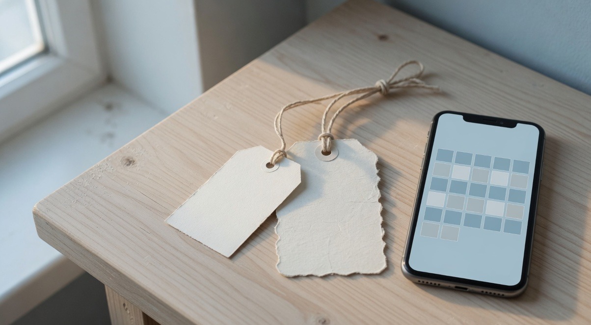 Two price tags on a clean desk, one small and one bundled, next to a phone showing a social media scheduling calendar