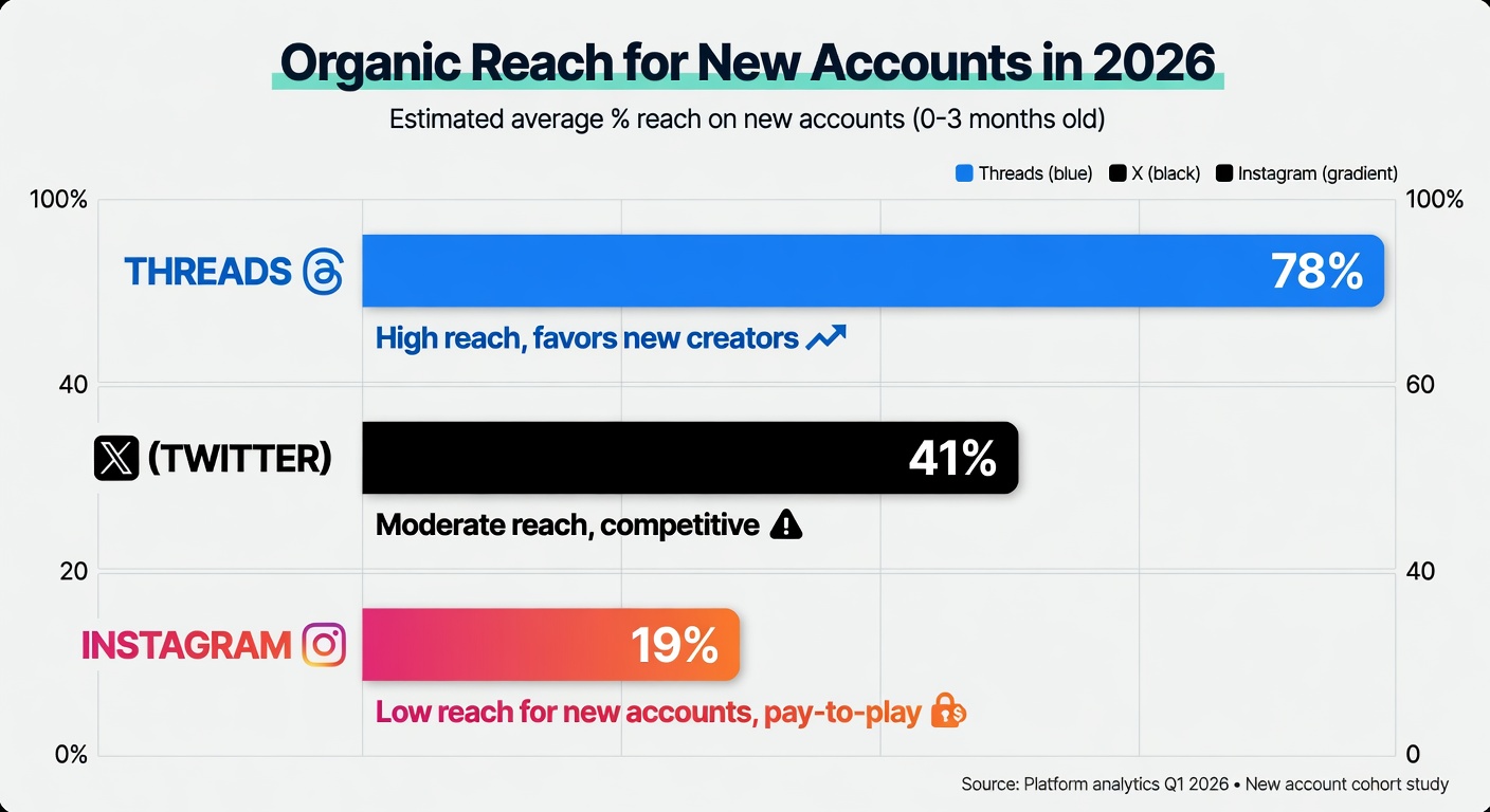 Comparison chart showing organic reach for new accounts on Threads, X, and Instagram in 2026