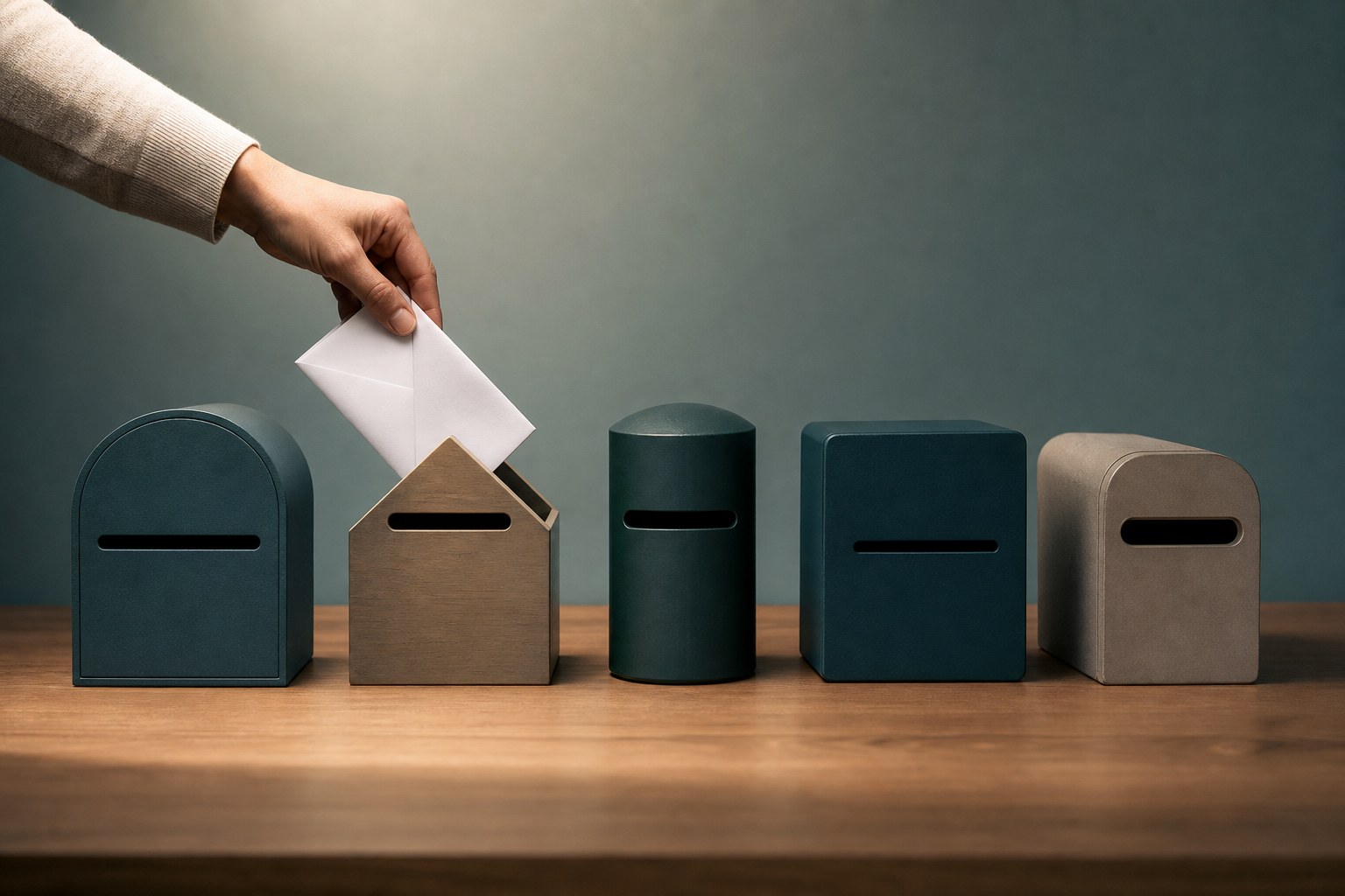 A single folded letter being slid into five differently shaped mailboxes arranged in a row, illustrating one source post being distributed across multiple platforms.