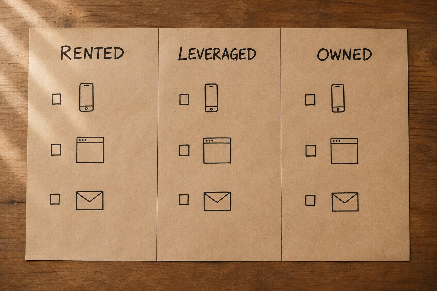 A three-column paper matrix on a wooden desk sorting channels into rented, leveraged, and owned with handwritten checkmarks