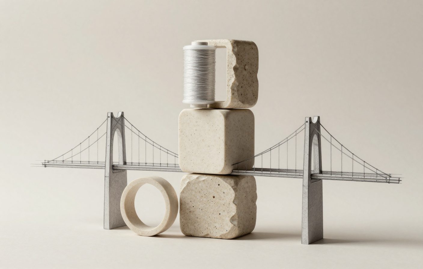 Architectural sketch of a bridge connecting two points, representing the funnel from social to private.