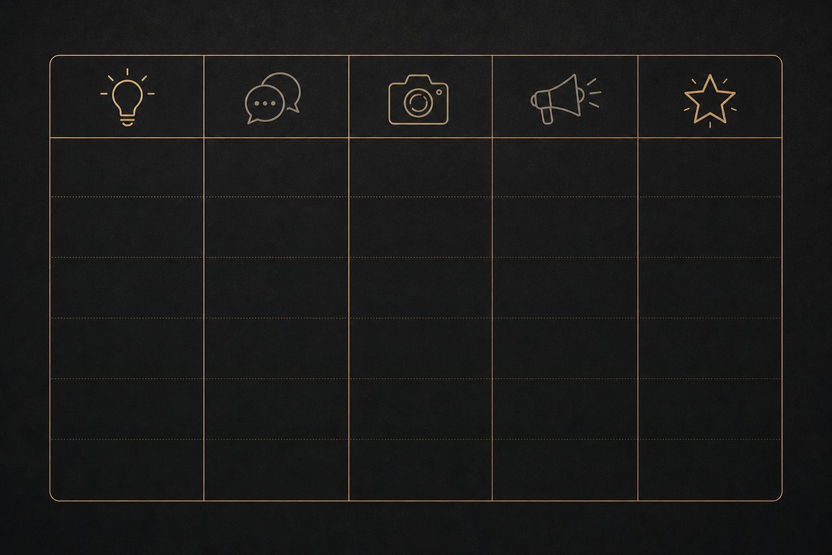 A weekly content calendar grid showing five themed days each mapped to a content pillar