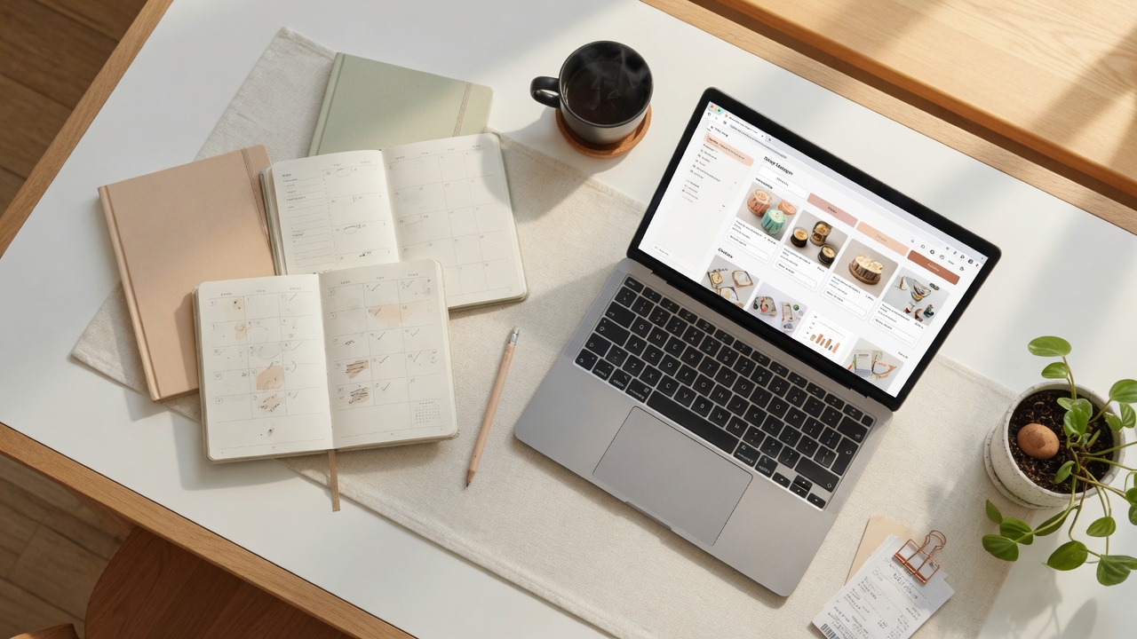 Clean desk setup with laptop showing Etsy shop dashboard and printable planners for selling digital products without an audience