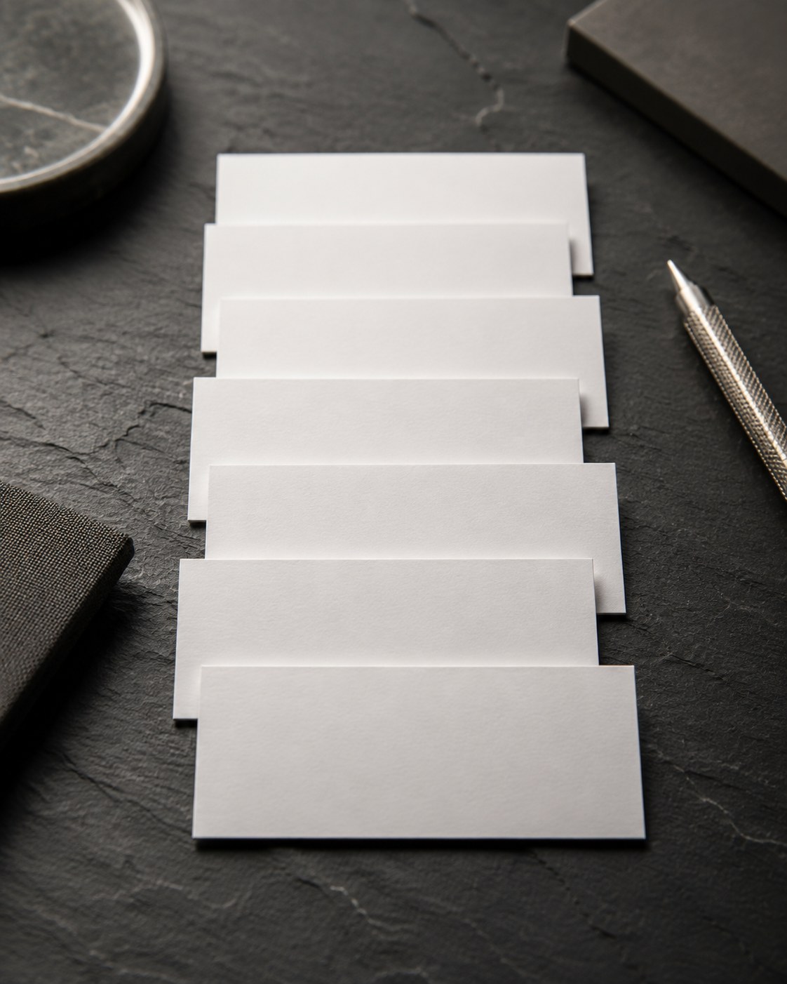 Seven stacked paper cards arranged top to bottom on a worktable, each card slightly larger than the one above, showing an ordered assembly process