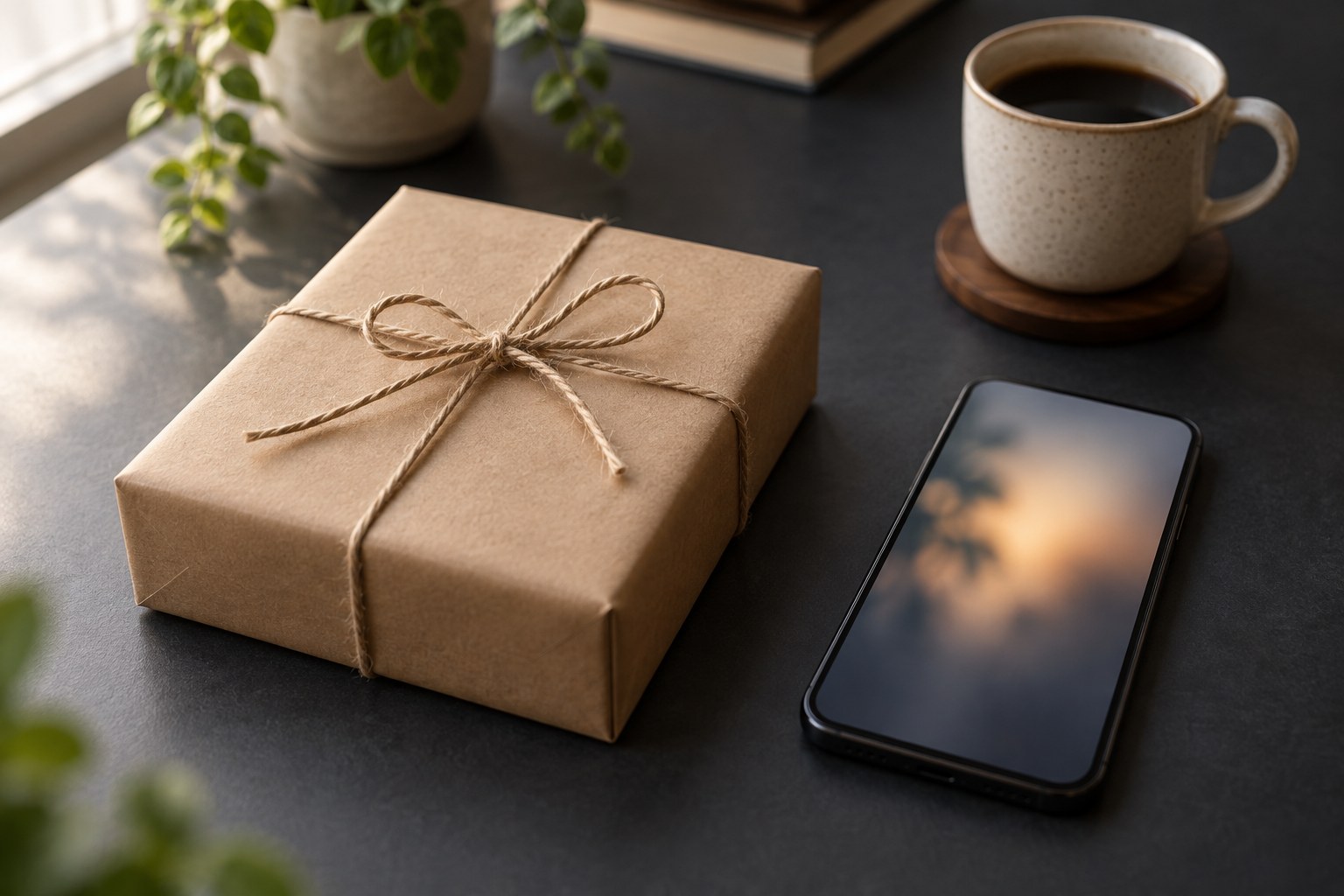 A wrapped product package and a smartphone resting on a dark desk beside a cup of coffee