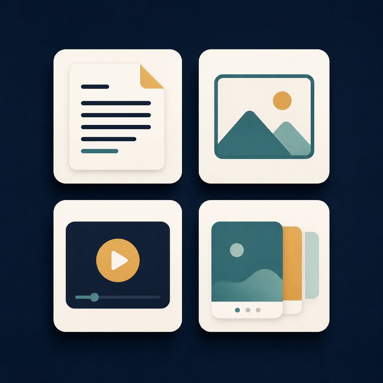 Four Threads post format icons arranged in a decision layout: text, image, video, and carousel symbols