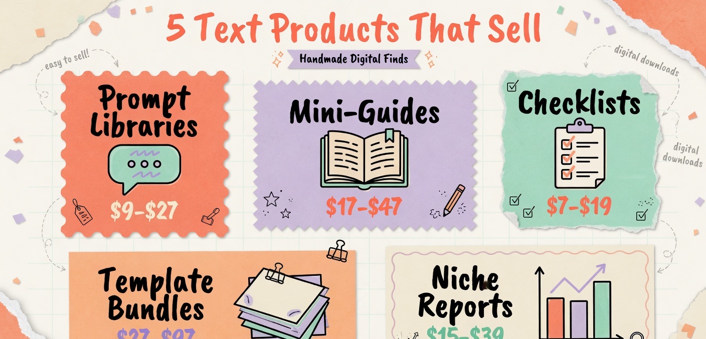 Five best-selling text-only digital product types with their price ranges displayed in cards