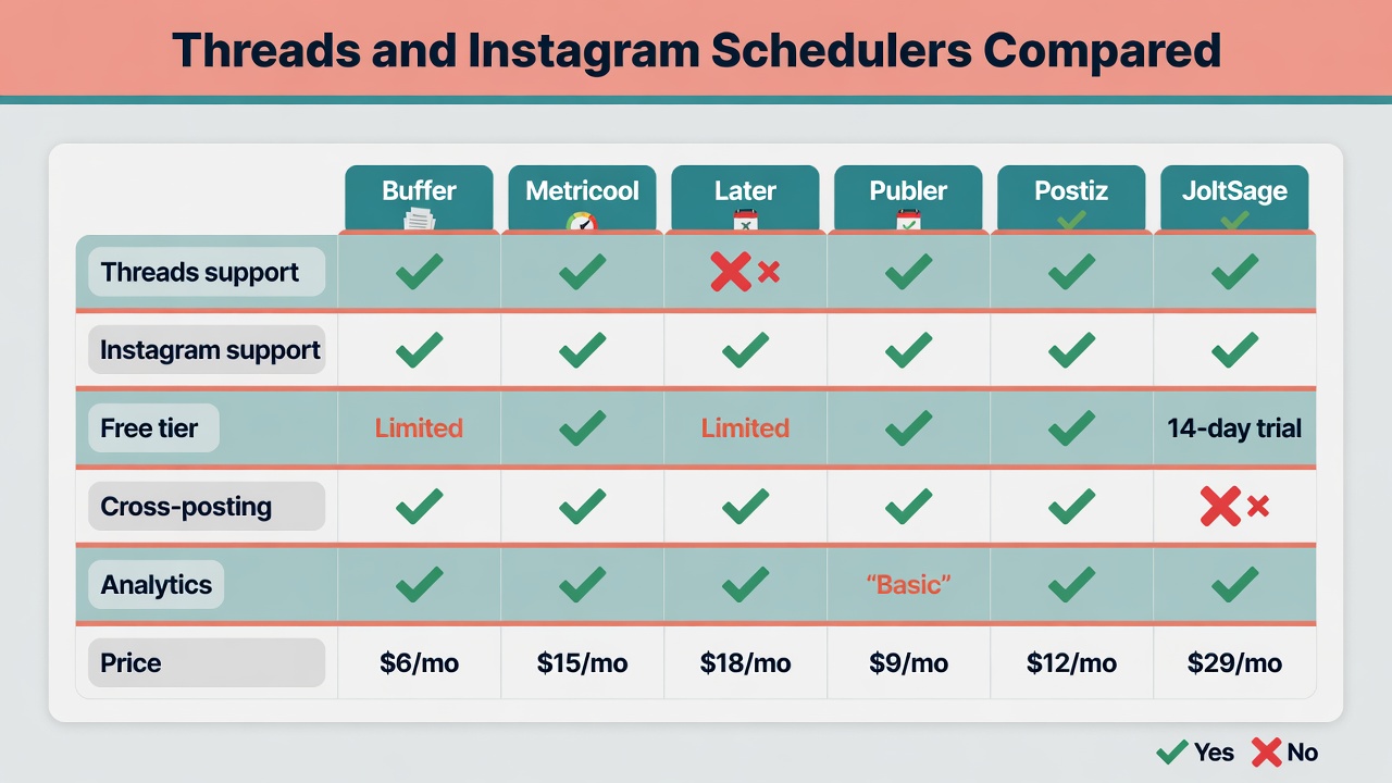 Comparison table of six Threads and Instagram scheduling tools including Buffer, Metricool, Later, Publer, Postiz, and JoltSage