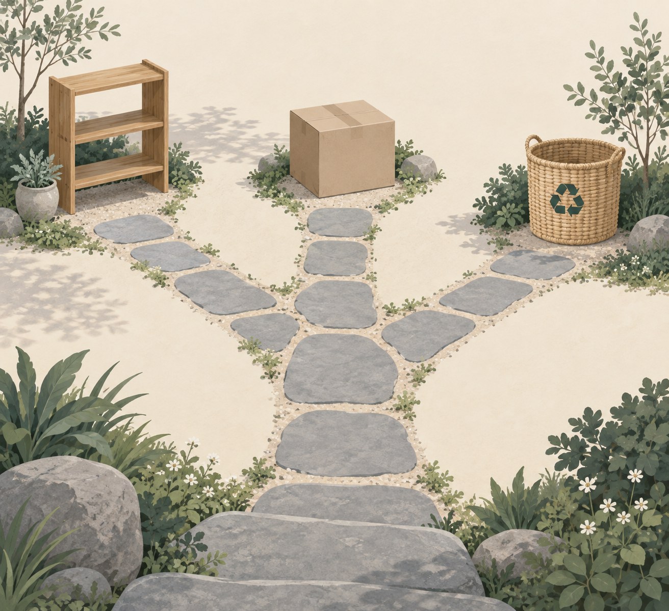 A garden path forking three ways toward a shelf, a closed box, and a recycling bin