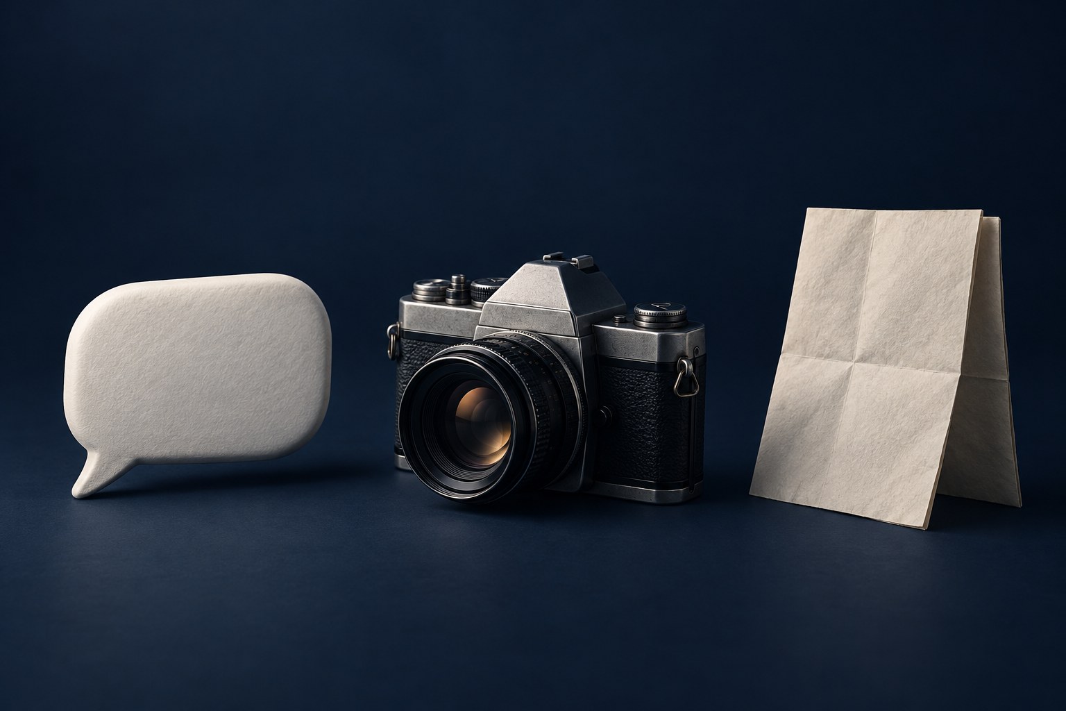 A speech bubble, a camera, and a folded paper on a dark navy surface, with no lettering
