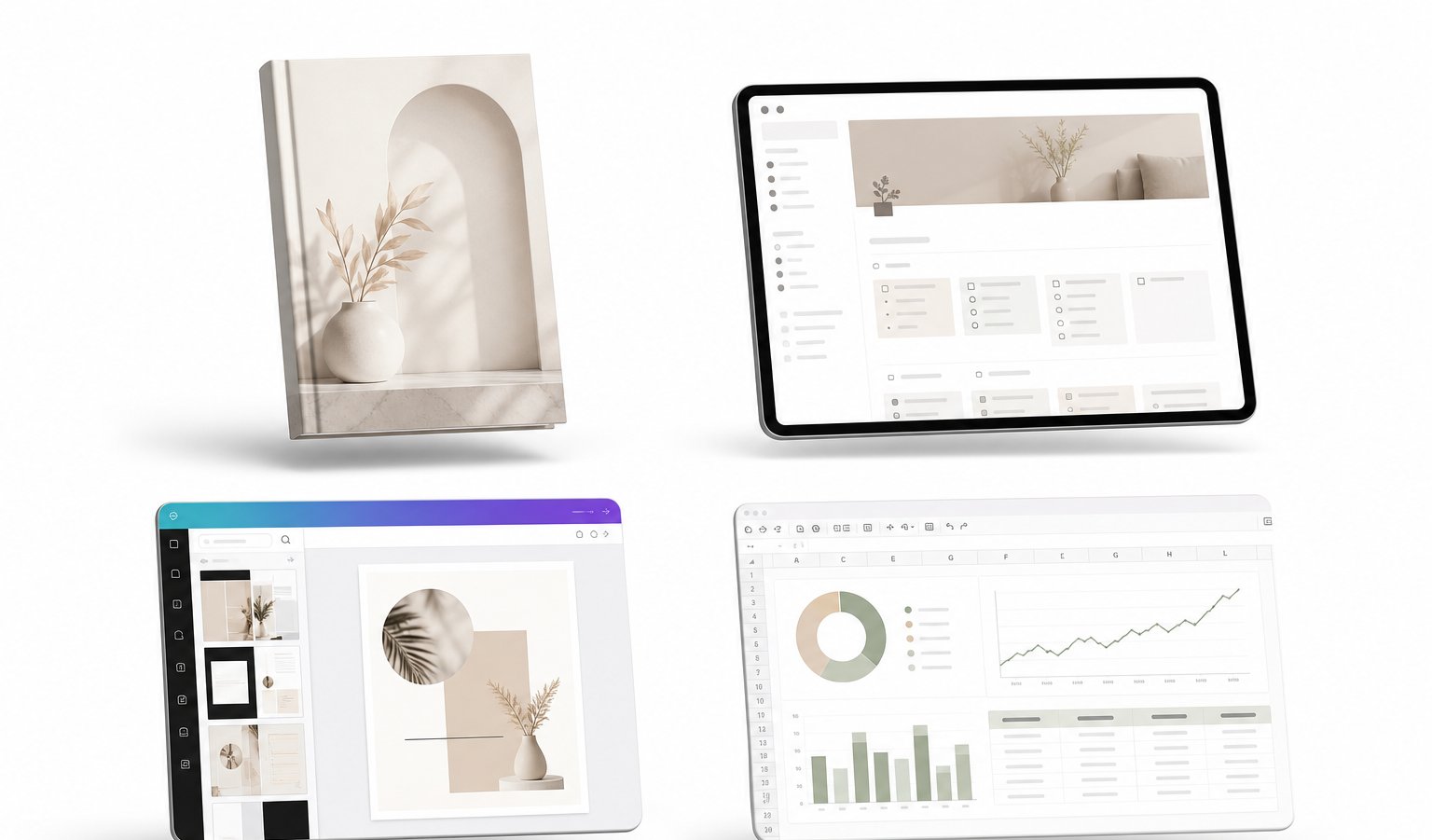 Examples of digital products including ebooks templates and spreadsheets