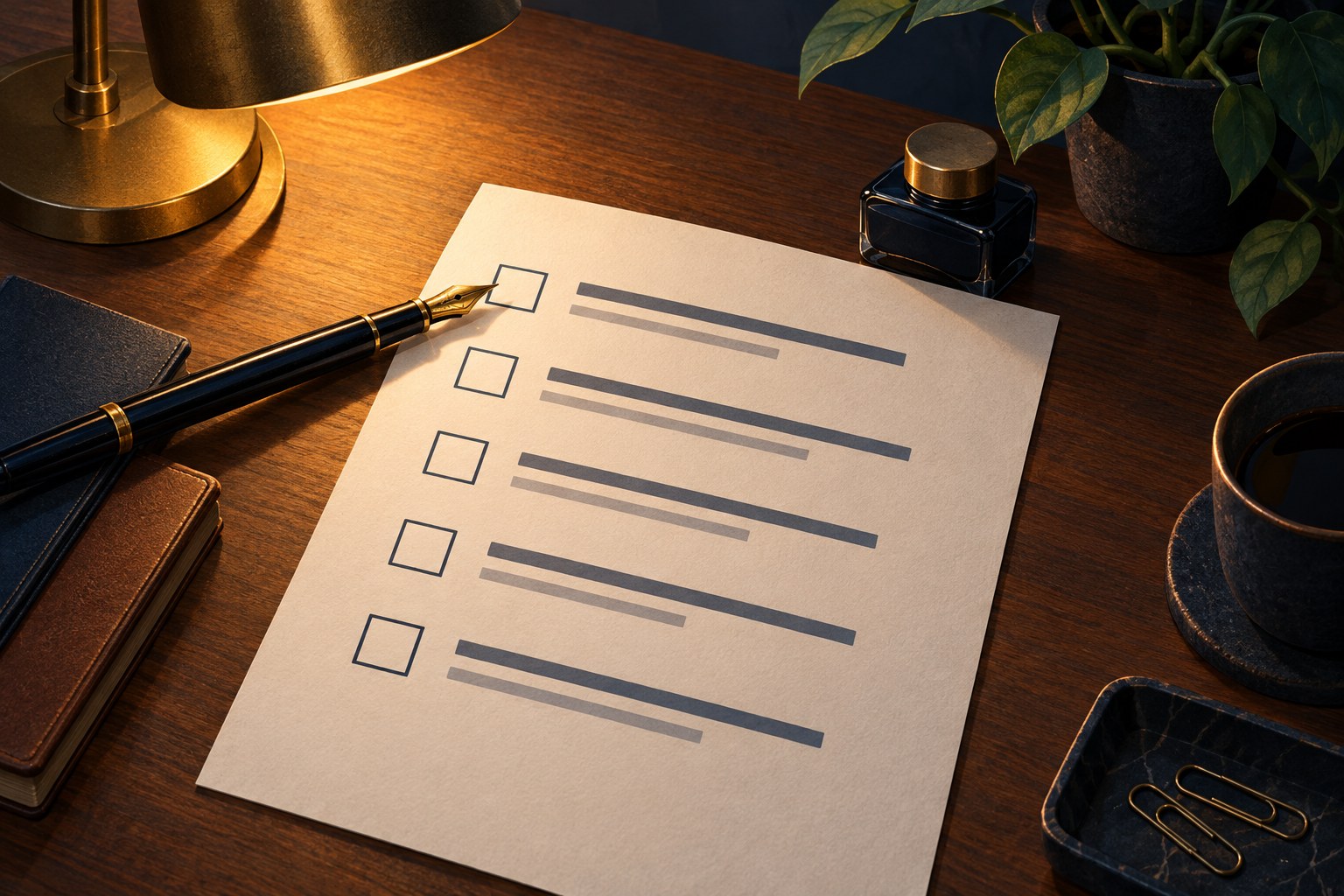 An ordered five-step paper checklist on a desk with a pen resting on step one
