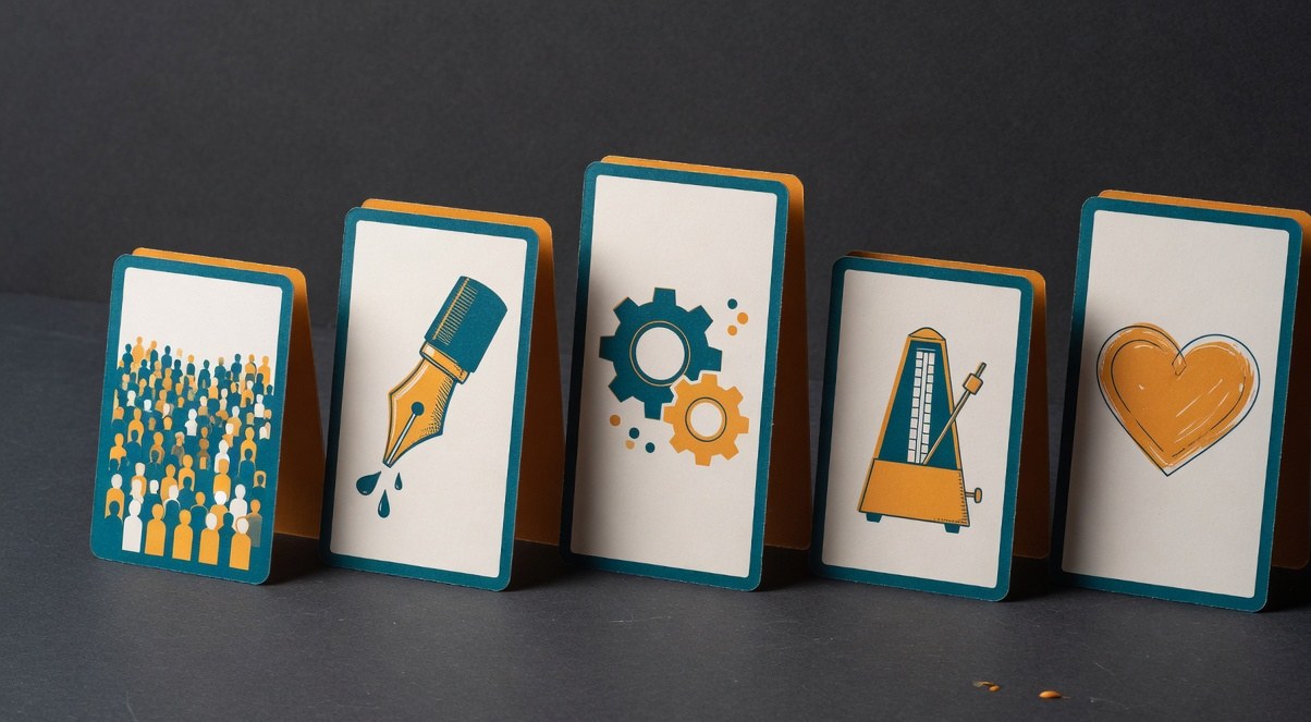 A five-panel decision framework card set covering audience, format, automation, topic tempo, and enjoyment