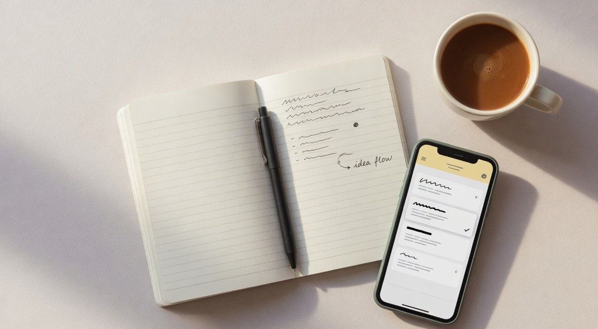 A workspace with a notebook, phone, and coffee cup showing the idea capture habit in action