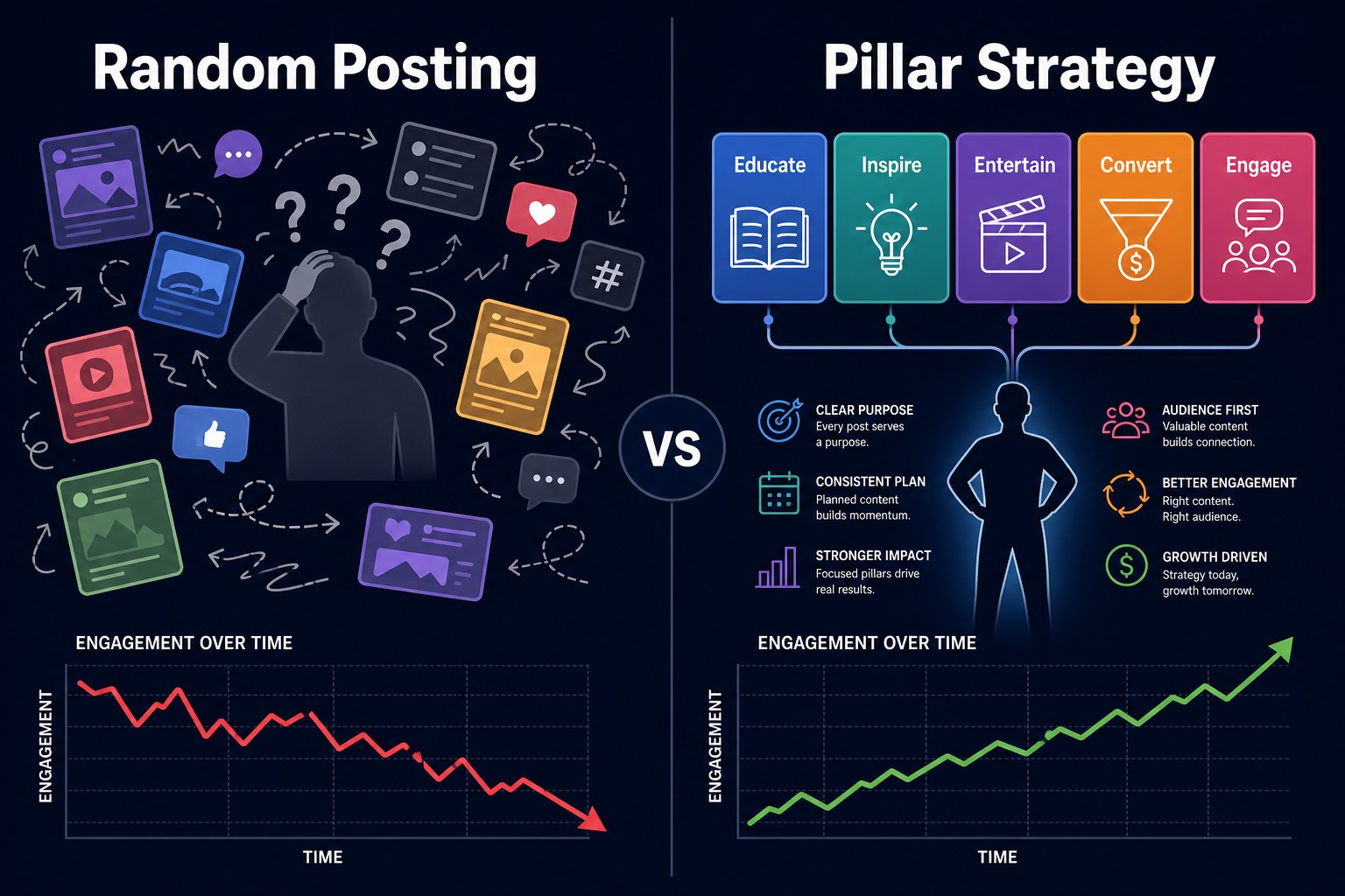 Side by side comparison of random posting versus pillar based posting strategy results