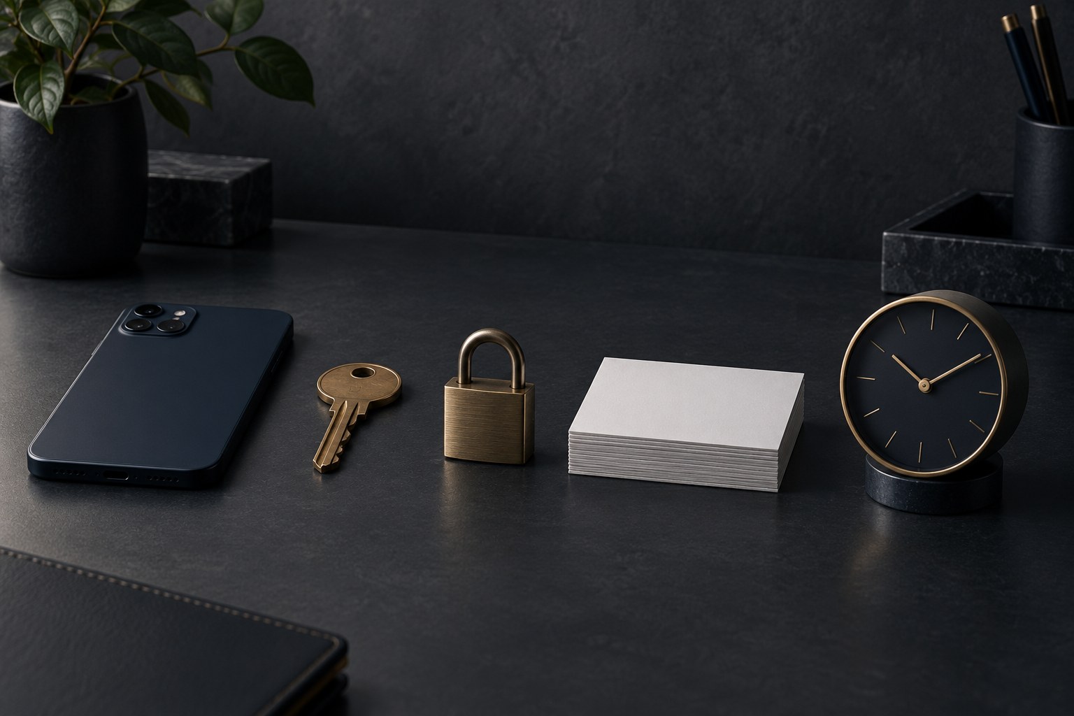 Five unlabeled objects in a row, a phone, a key, a closed lock, a small stack of cards, and a clock, with no text