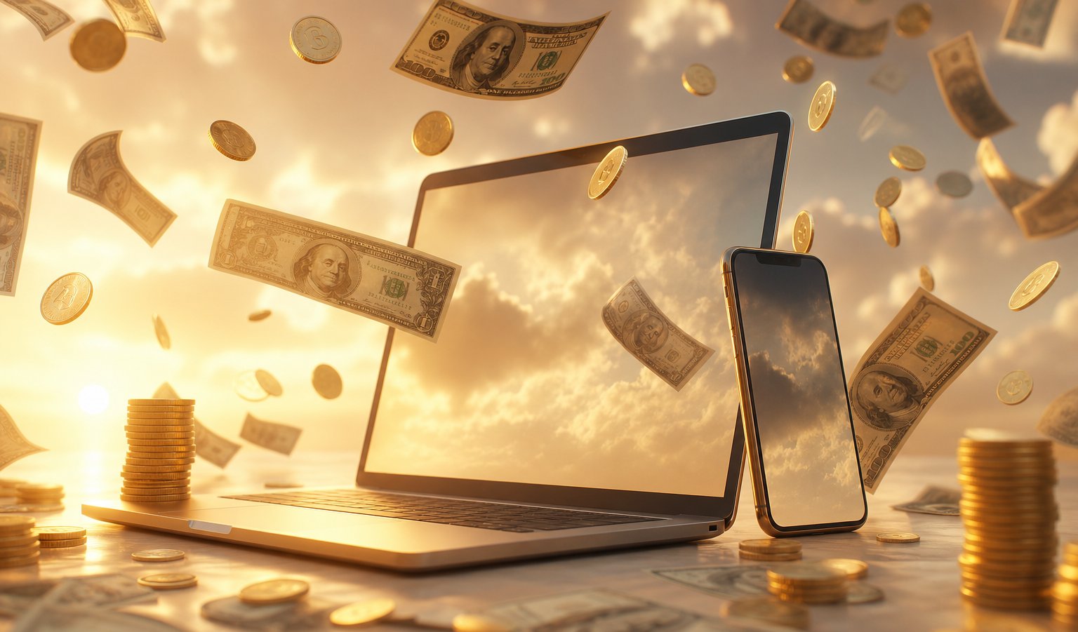 Passive income concept with laptop phone and digital sales