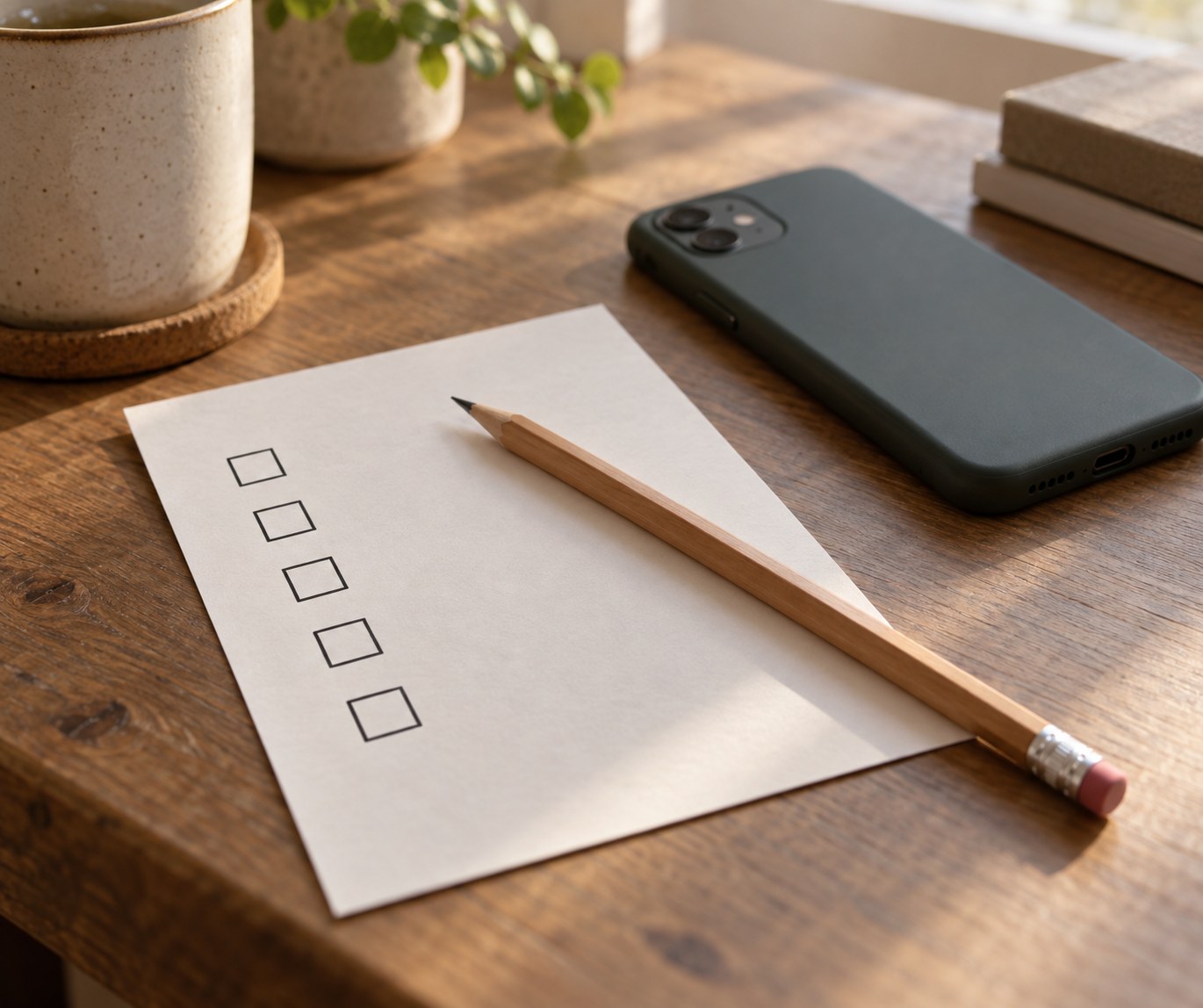 A paper checklist on a desk with five hand-drawn tick boxes, a pencil resting across it, next to a phone lying face-down