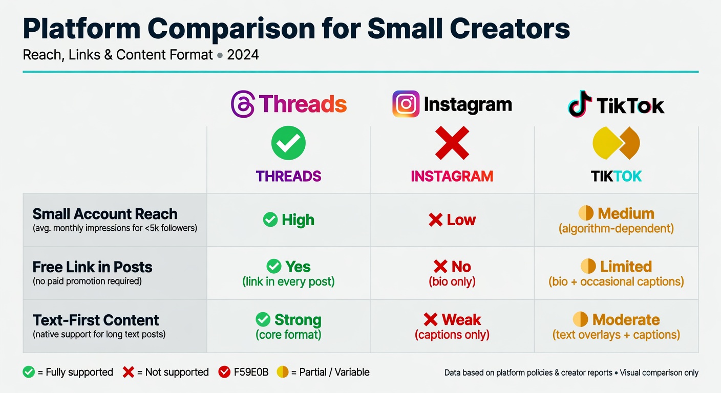 Platform comparison chart of Threads, Instagram, and TikTok for small accounts
