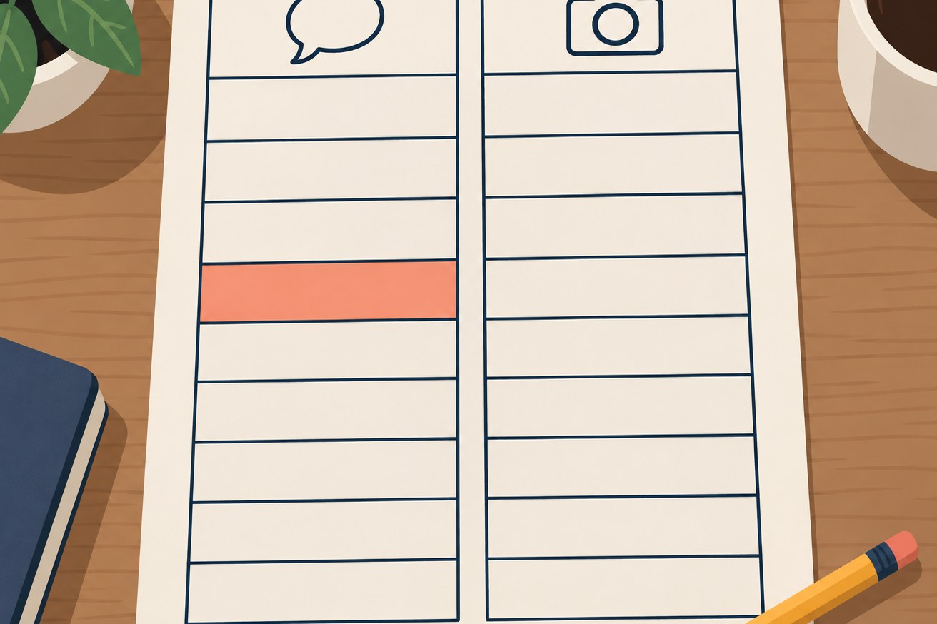 A paper worksheet with two blank columns for a text app and a photo app, and empty rows for replies and follows