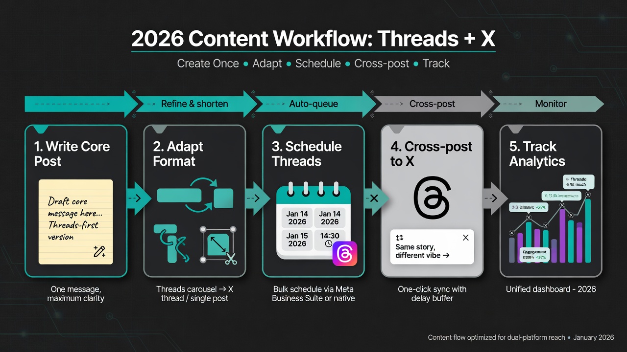 Content workflow for scheduling and cross-posting between Threads and X