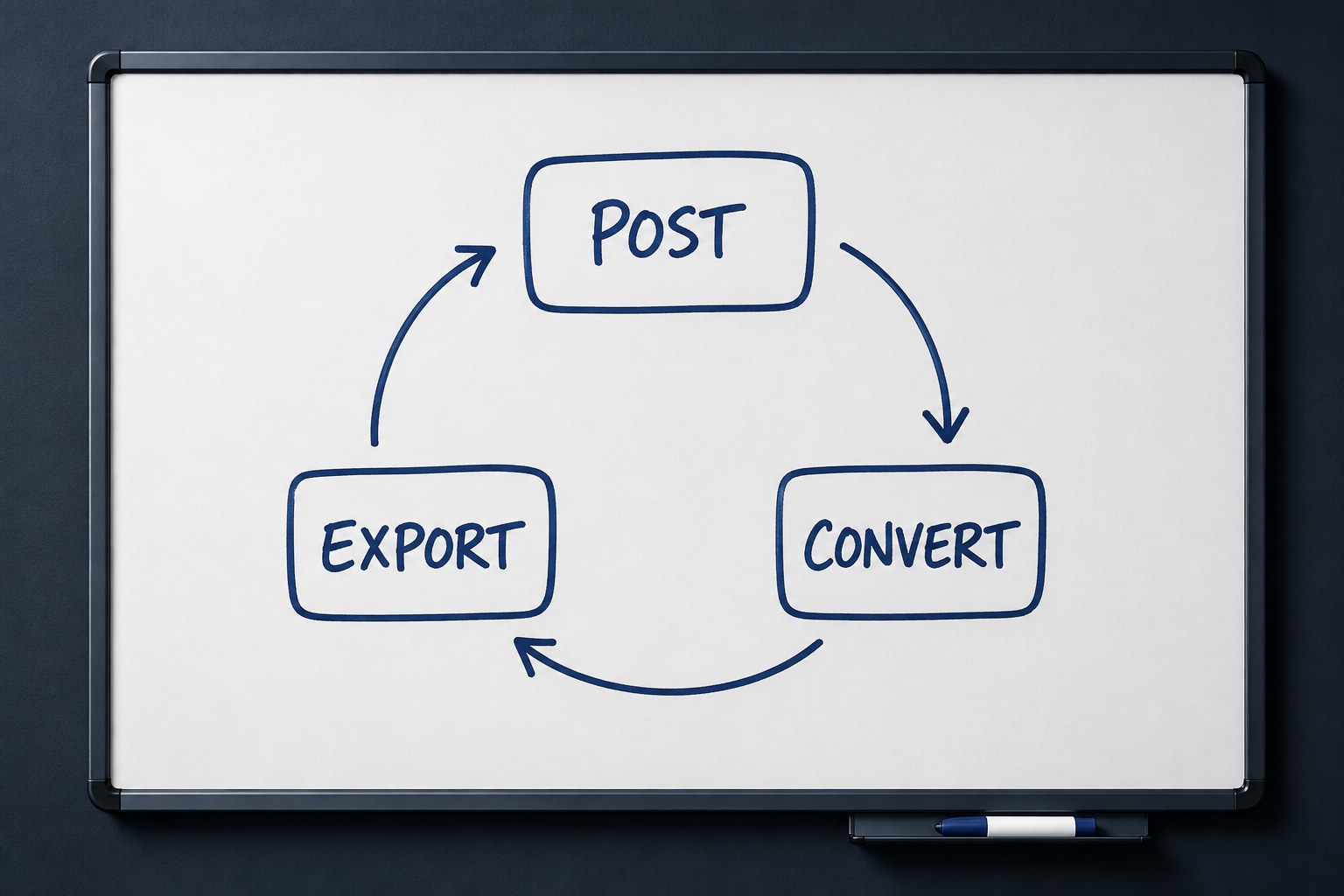 A three-step loop sketched in marker on a whiteboard showing post on rented channels, convert with one signup path, and export and audit quarterly