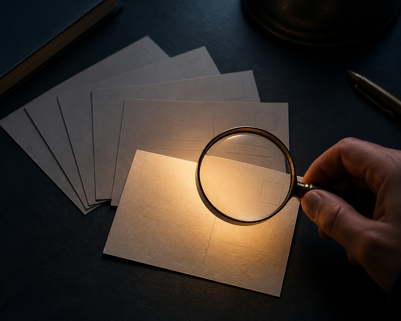 An editorial illustration of a person reviewing drafted post cards and approving one before it publishes
