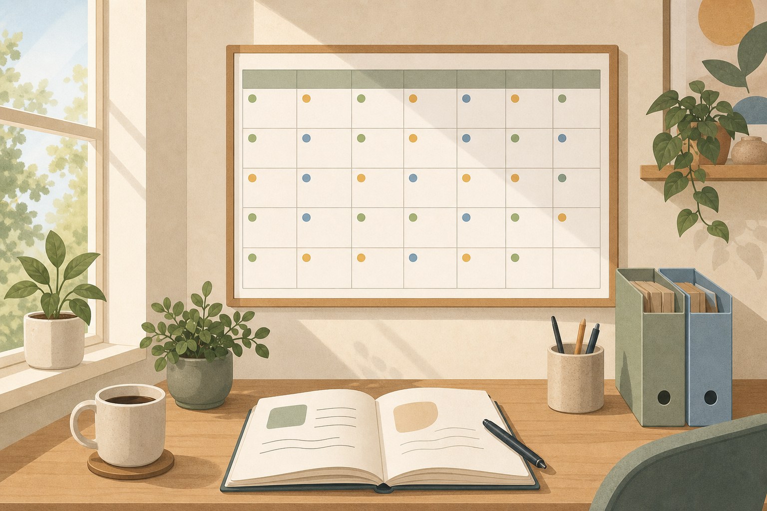 An organized desk with a weekly content calendar showing color-coded status dots on the wall
