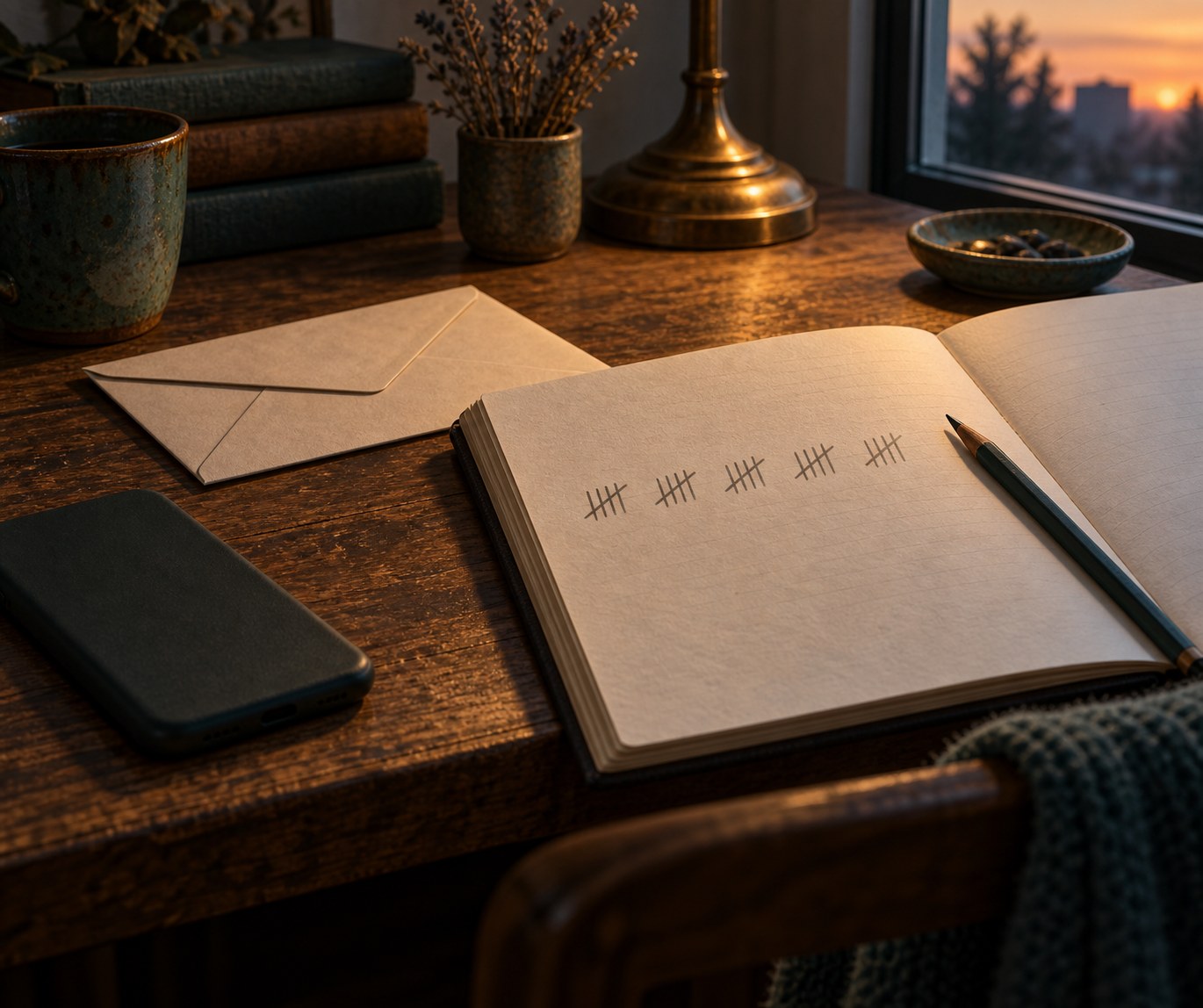 Closed envelope, face-down phone, and a notebook with tally marks on a desk, no screens, no dashboards, no charts, no readable text