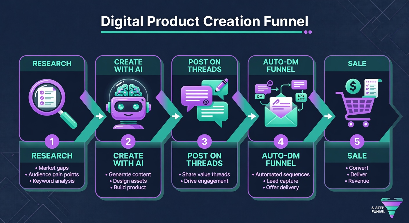 Step-by-step workflow diagram showing the AI digital product creation and selling funnel