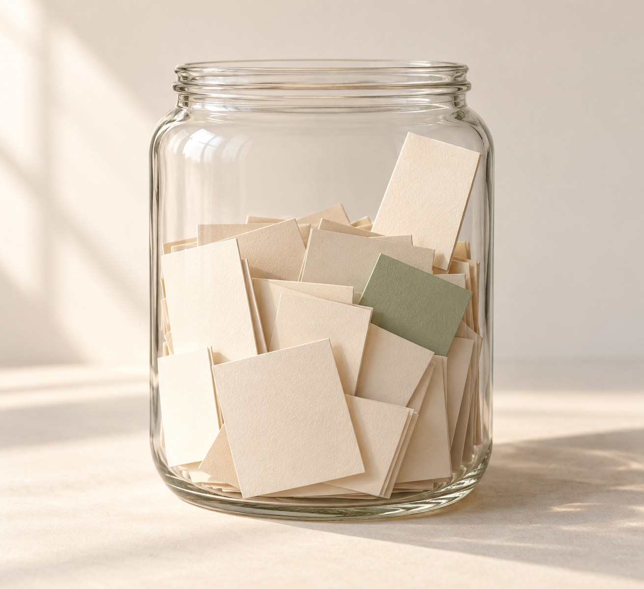 A glass jar filled two thirds with blank cards, leaving clear empty space at the top