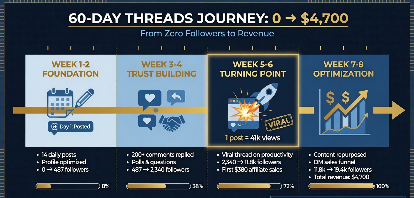 60-day Threads to income workflow showing foundation, trust building, and optimization phases