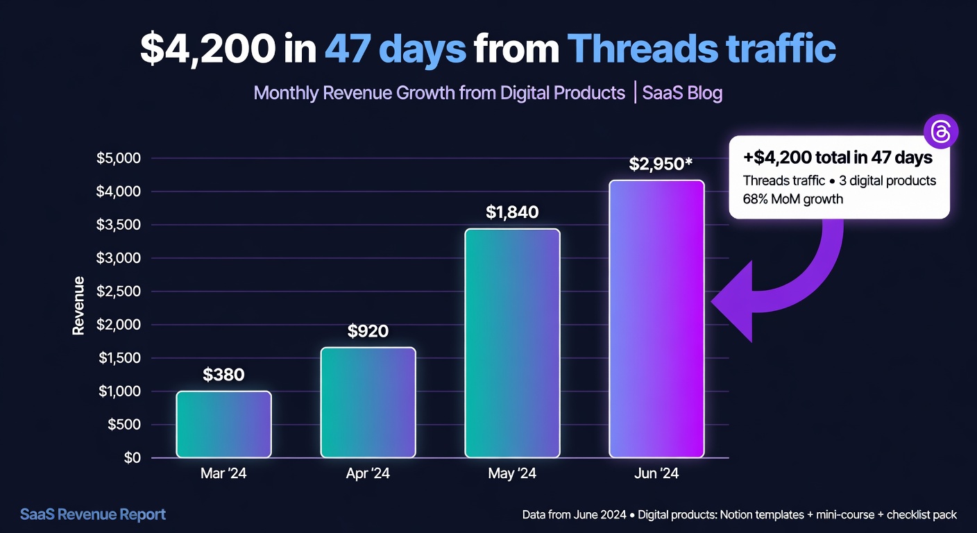 Bar chart showing $4,217 in revenue over 47 days from Threads traffic with under 4,000 followers