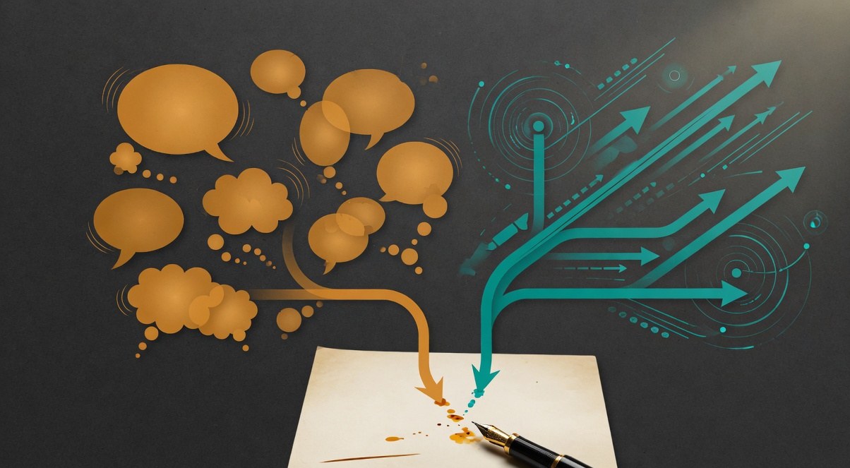 Two abstract paths diverging from a single writer's desk, one warm conversational path and one fast signal path, symbolizing choosing between Threads and X