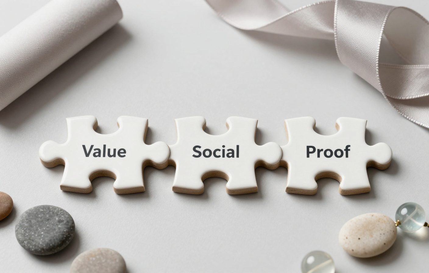 Three puzzle pieces in a circular loop labeled 'value', 'social proof', and 'offer' with representing each post type.