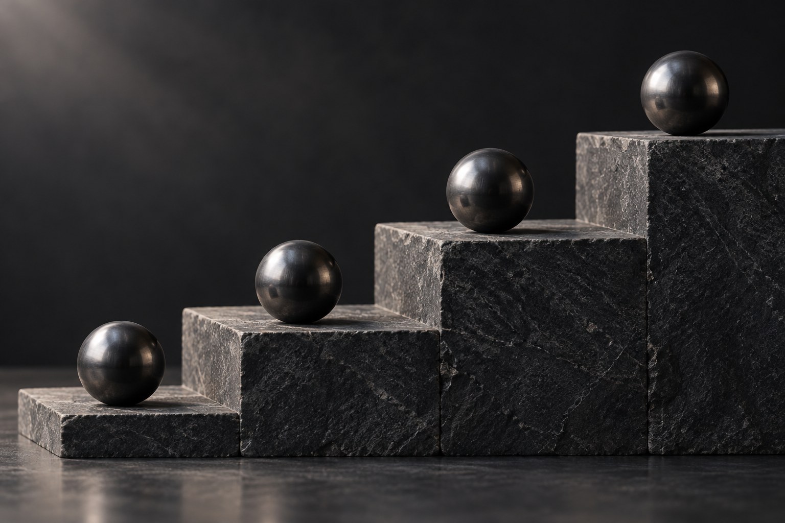 A minimalist four-step ascending stone staircase in dark studio light, one polished metal sphere resting on each step, marking escalation from lightest to strongest control