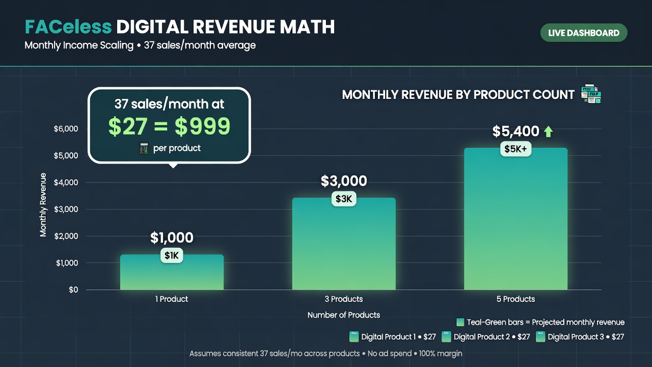 Revenue chart showing how faceless digital products scale from $1K to $5K per month