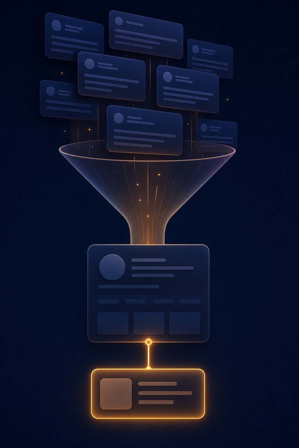 Editorial illustration of a text-first social feed funneling attention toward a profile page and a single highlighted link