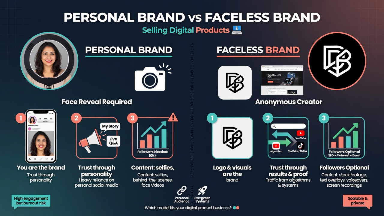 Side by side comparison of personal brand versus faceless brand for selling digital products