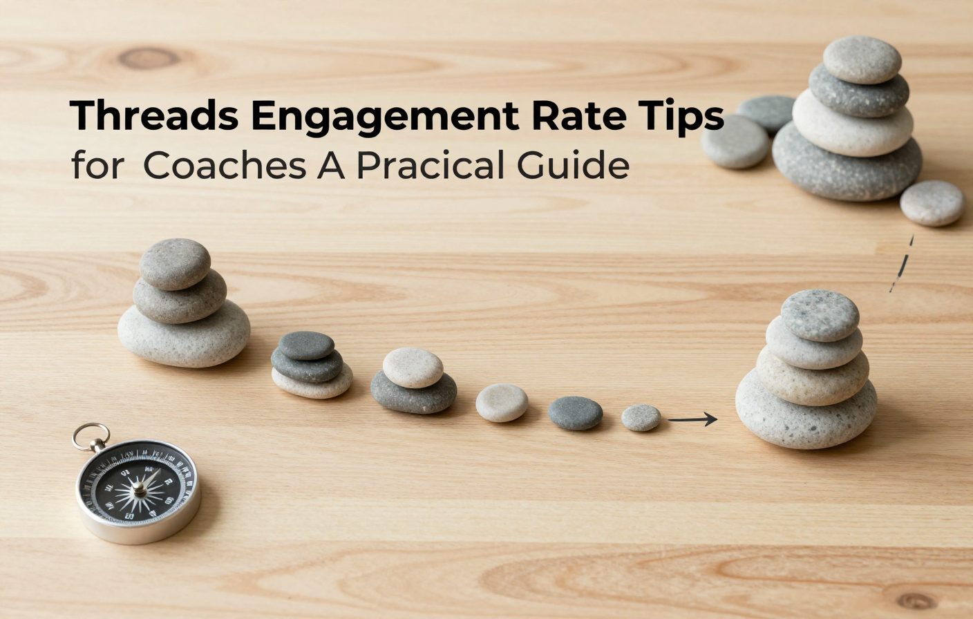 A balanced arrangement of tools and stones on a wooden desk, symbolizing a stable content system.