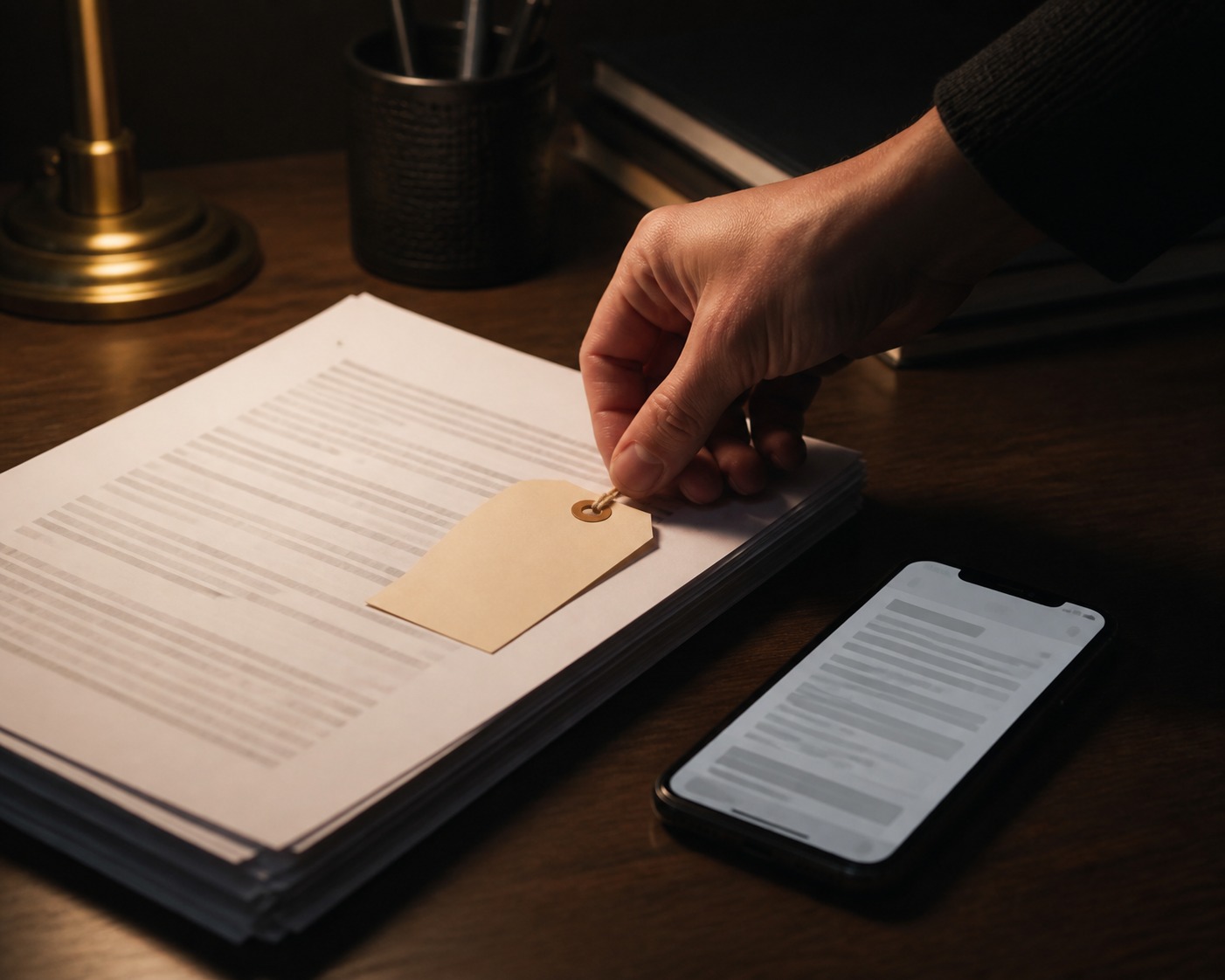 A hand placing a small paper label tagged with a price onto a stack of printed pages, next to a smartphone showing a text feed