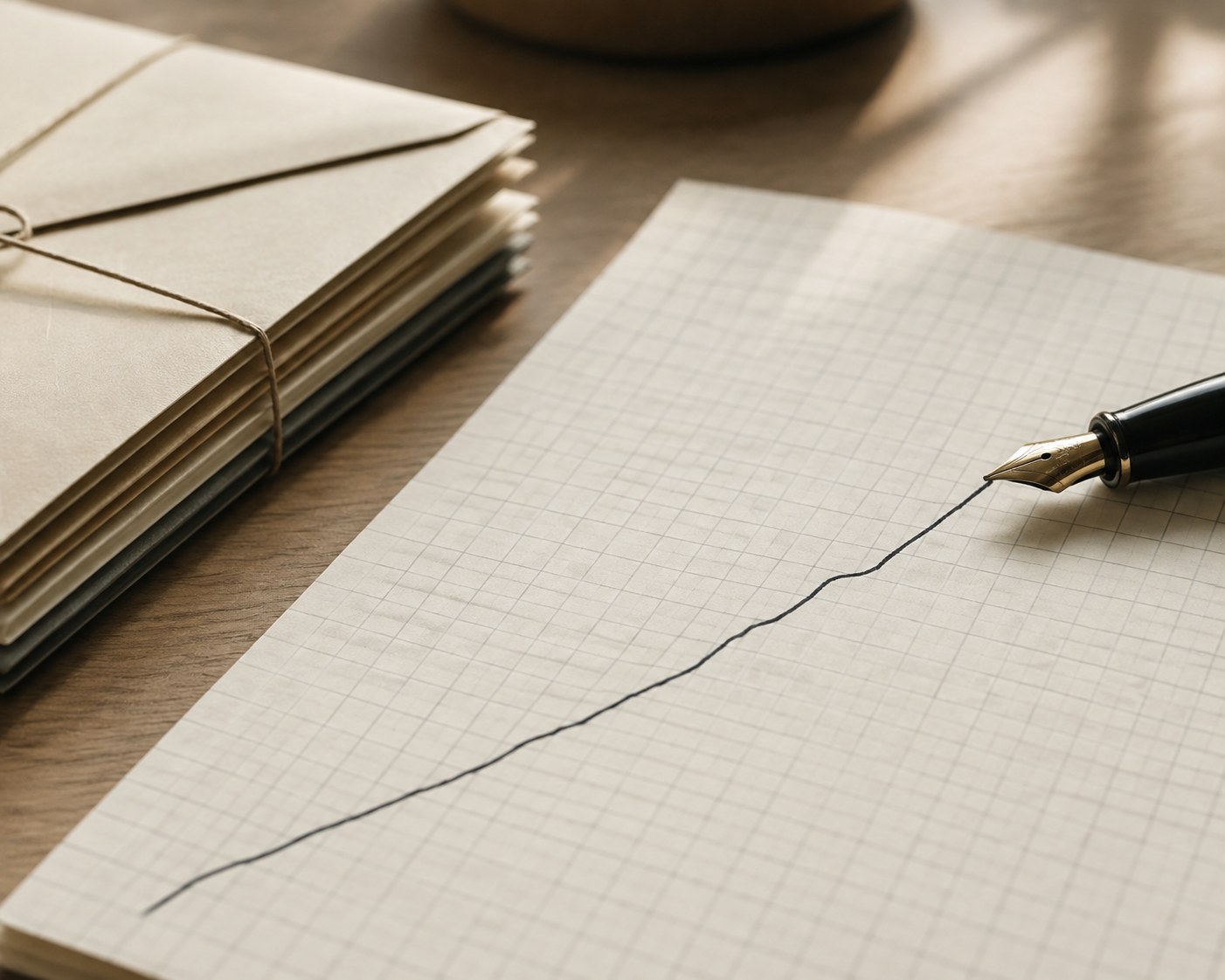 A rising line drawn in ink on graph paper beside a small stack of sealed envelopes, showing steady week-over-week growth
