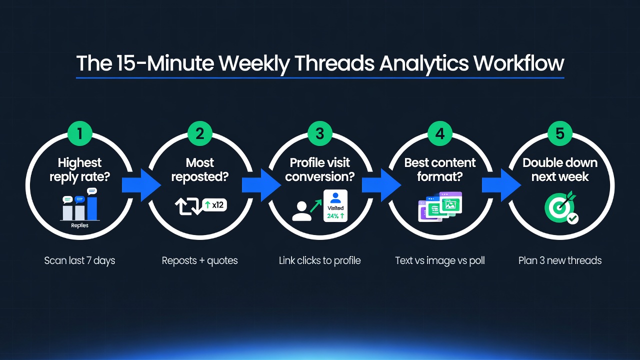 Weekly Threads analytics workflow showing five questions answered in fifteen minutes.