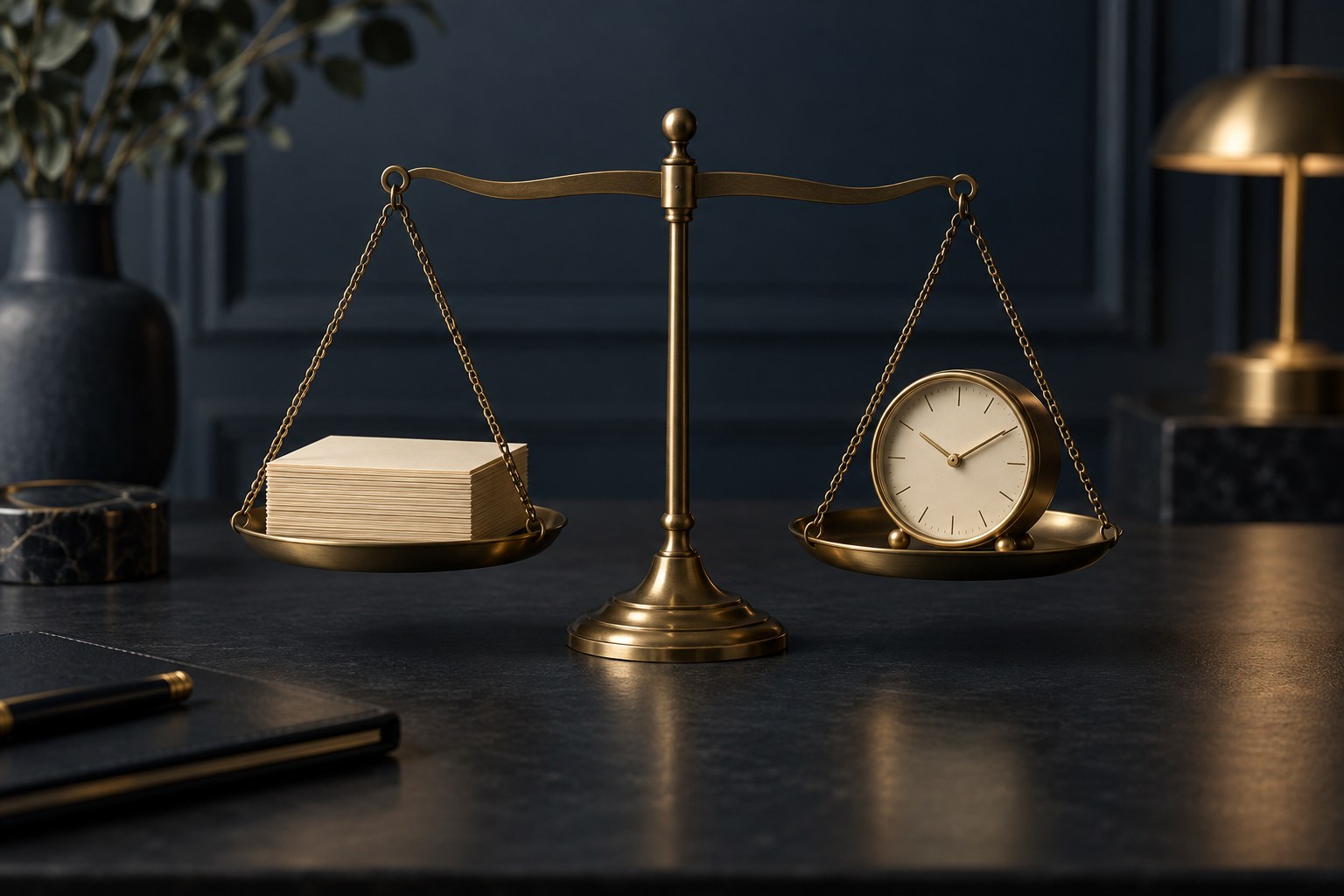 Four unlabeled desk objects in a row: a short wooden queue rail, a blank monthly calendar page, one closed folder, and a small clock, no text