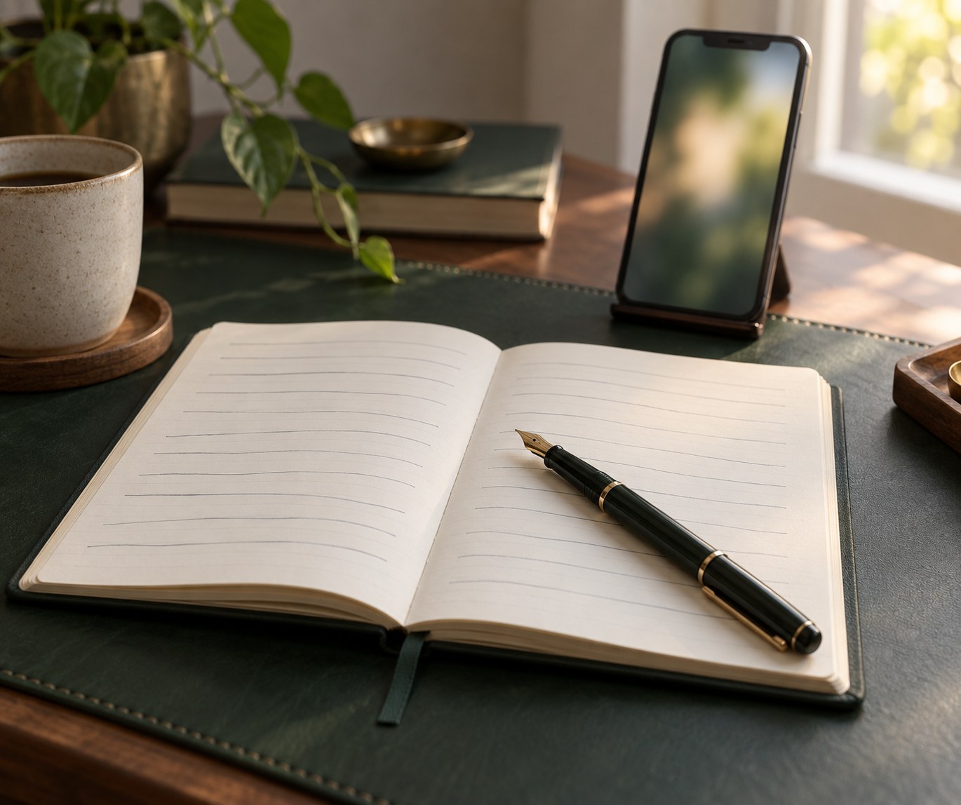 A lined notebook with handwritten rows and a pen beside a phone showing a posted update
