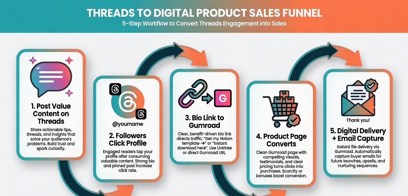 Step-by-step workflow showing how Threads posts drive traffic to Gumroad digital product sales