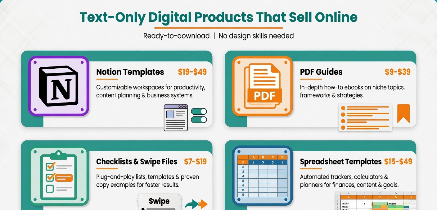 Four types of text-only digital products that sell: Notion templates, PDF guides, checklists, and spreadsheets