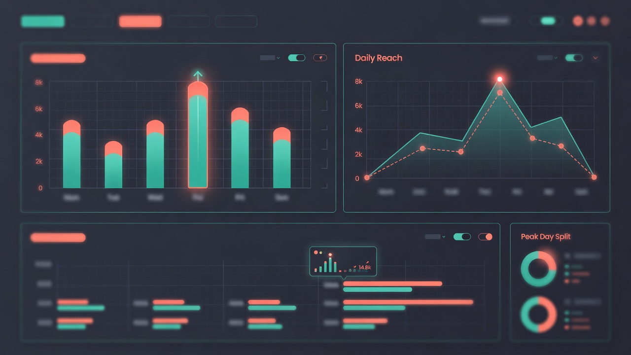 Threads analytics dashboard showing engagement peaks by day and hour